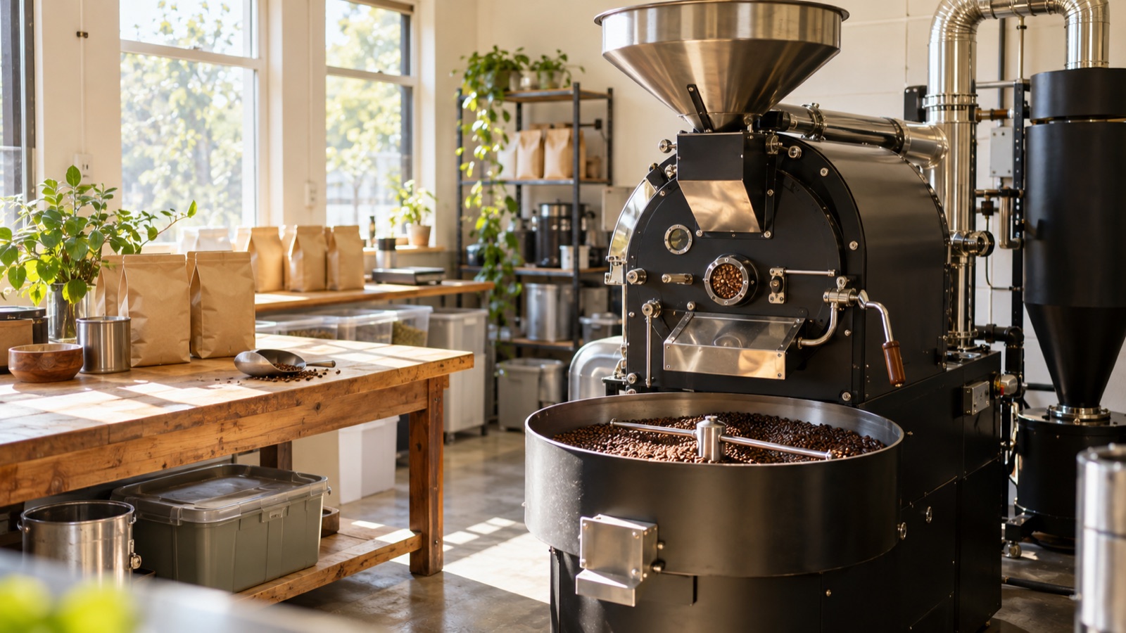 PG COFFEE の焙煎所と業務用焙煎機（フジローヤル R-103）