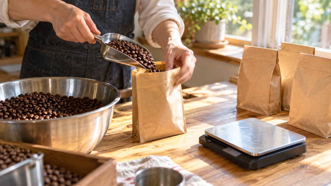 PG COFFEE 焙煎した豆を袋に詰めているところ