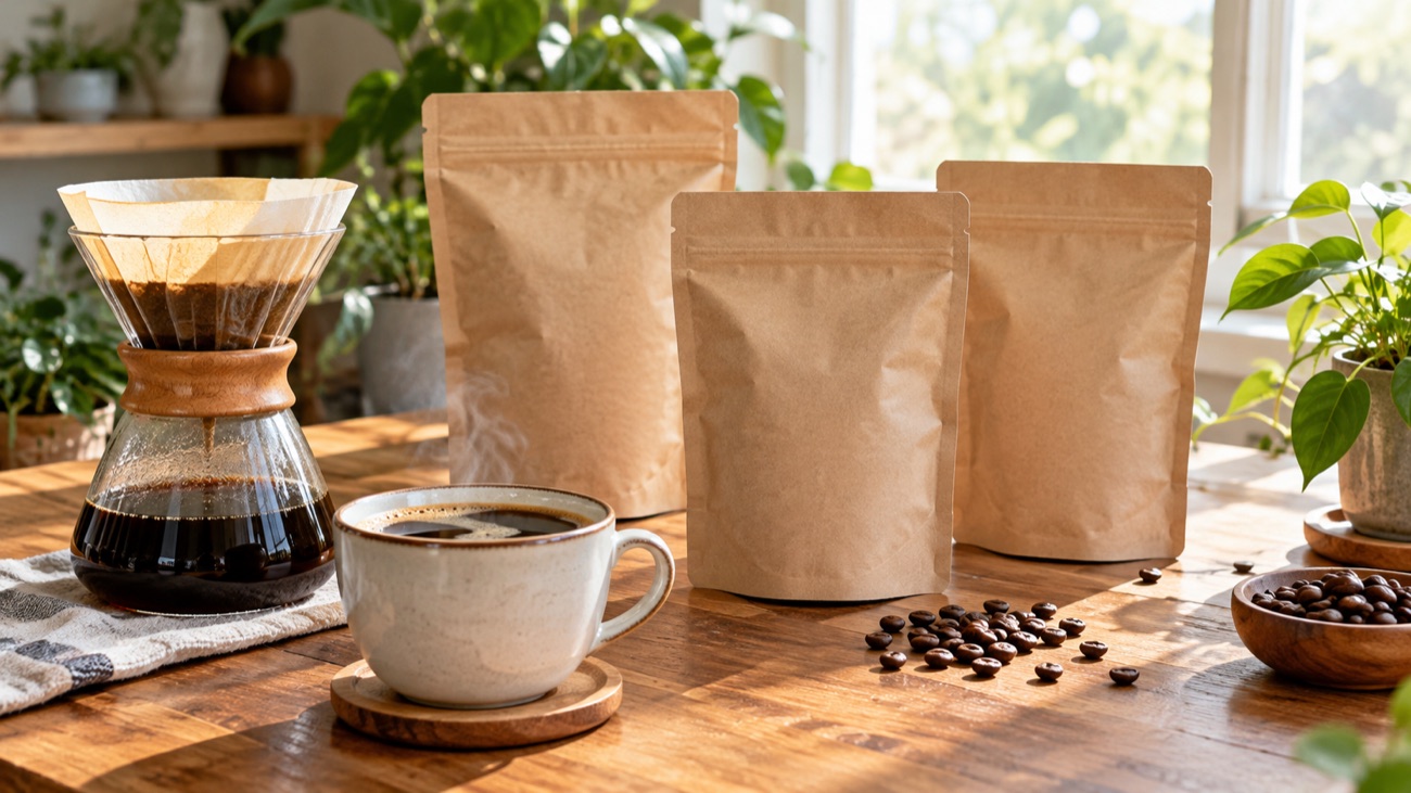 窓辺のテーブルに並ぶ PG COFFEE の豆の袋とコーヒー