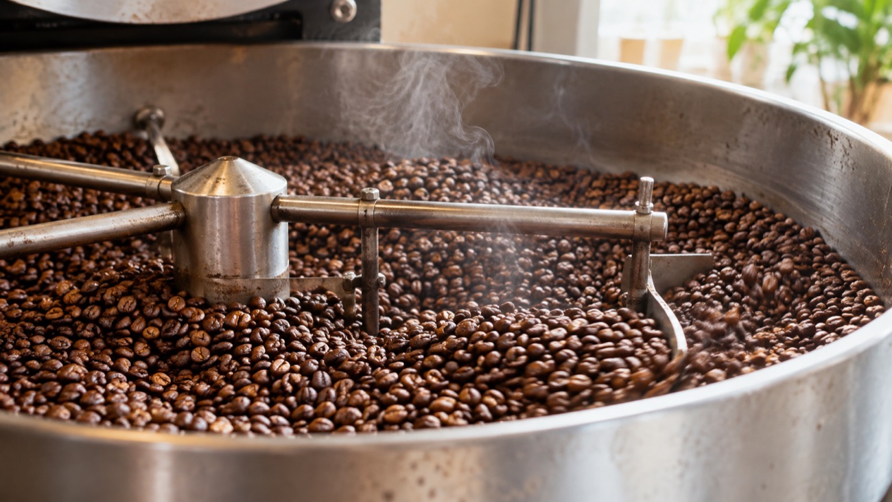 PG COFFEE 焙煎したての豆を冷却皿で冷ましているところ