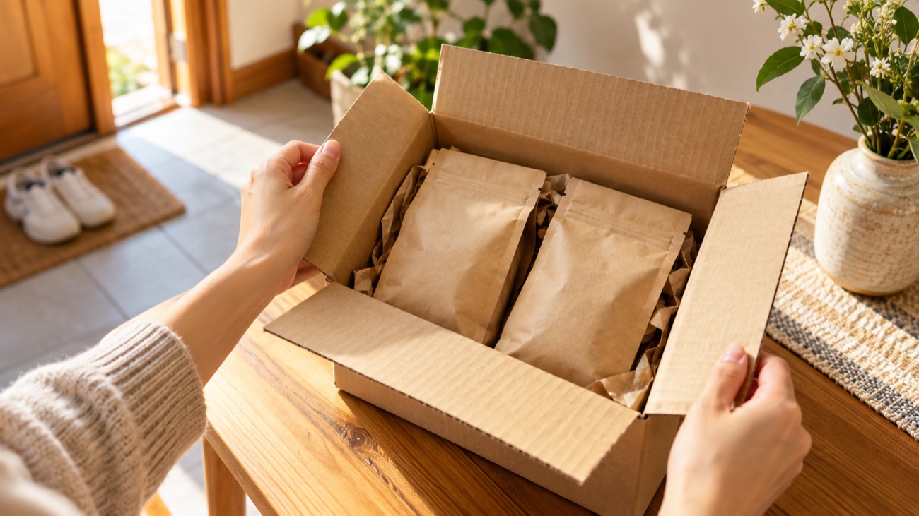PG COFFEE 定期便の箱を開けるところ